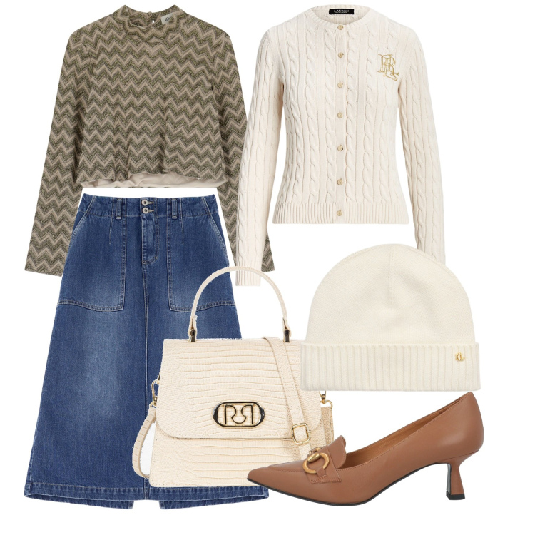 Outfit donna - Raffinata in gonna denim. Stile Bon Ton per Ufficio. Abbinamento con mocassini, borse a mano, gonne, top, cardigans, berretti.