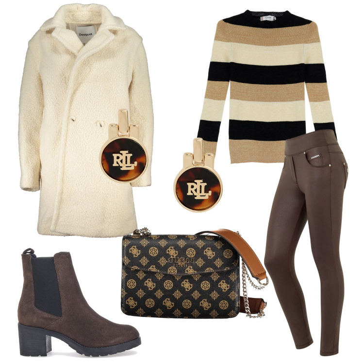 Outfit donna - Righe di tendenza. Stile Casual per Scuola/Università. Abbinamento con pullovers, jeans skinny, orecchini, stivaletti chelsea, cappotti, borse a spalla.