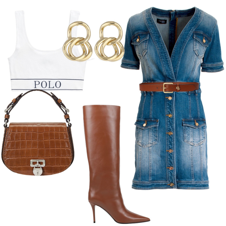 Outfit donna - Il vestito di jeans. Stile Casual per Tutti i giorni. Abbinamento con stivali, vestiti, canottiere, borse a tracolla, cinture, orecchini.
