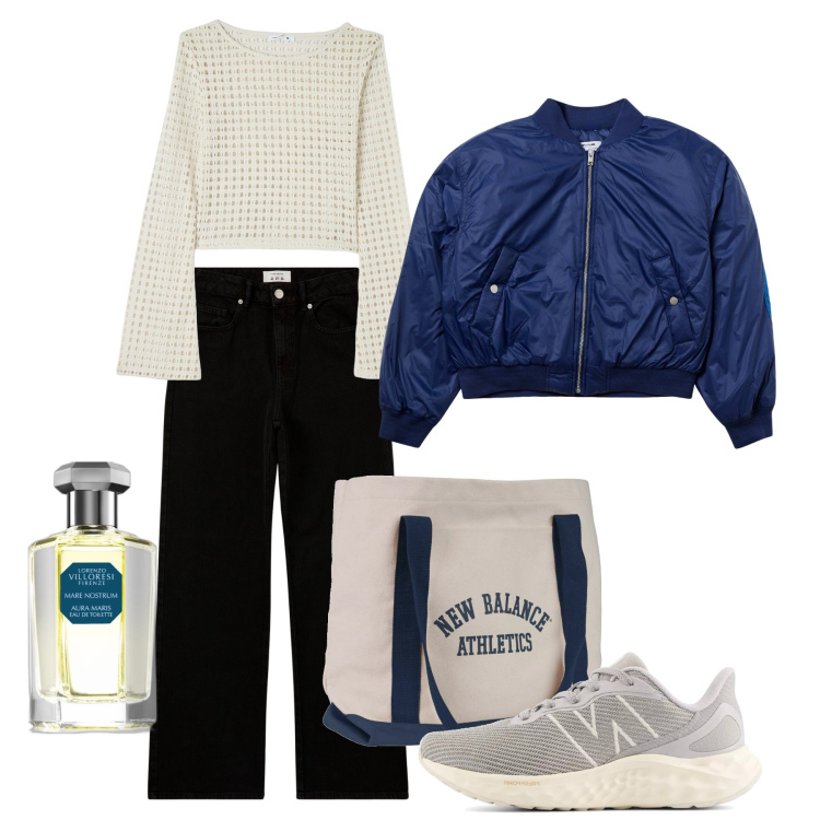 Outfit donna - Commissioni. Stile Urban per Tutti i giorni. Abbinamento con profumi, bomber, pantaloni, maglieria, sneakers, borse tote.