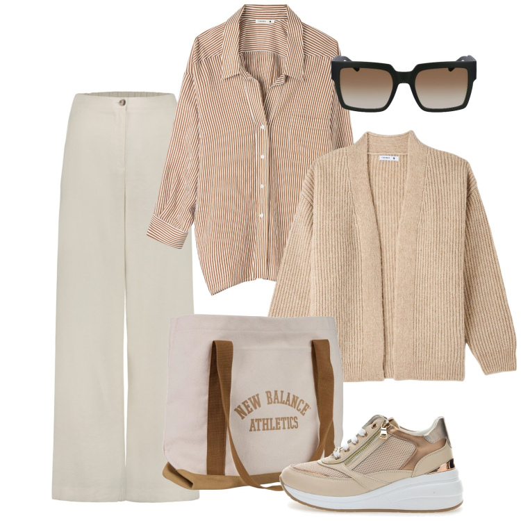 Outfit donna - Basic in centro. Stile Basic per Tutti i giorni. Abbinamento con cardigans, camicie, borse tote, sneakers, occhiali da sole, pantaloni.