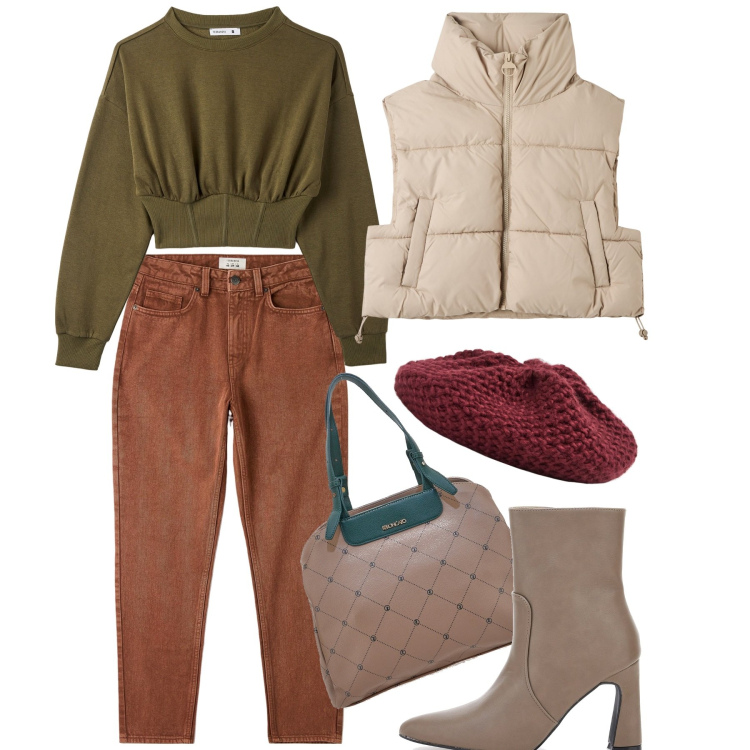 Outfit donna - Novembre. Stile Casual chic per Tutti i giorni. Abbinamento con jeans mom, felpe, piumini, cappelli e berretti, stivaletti, borse a spalla.