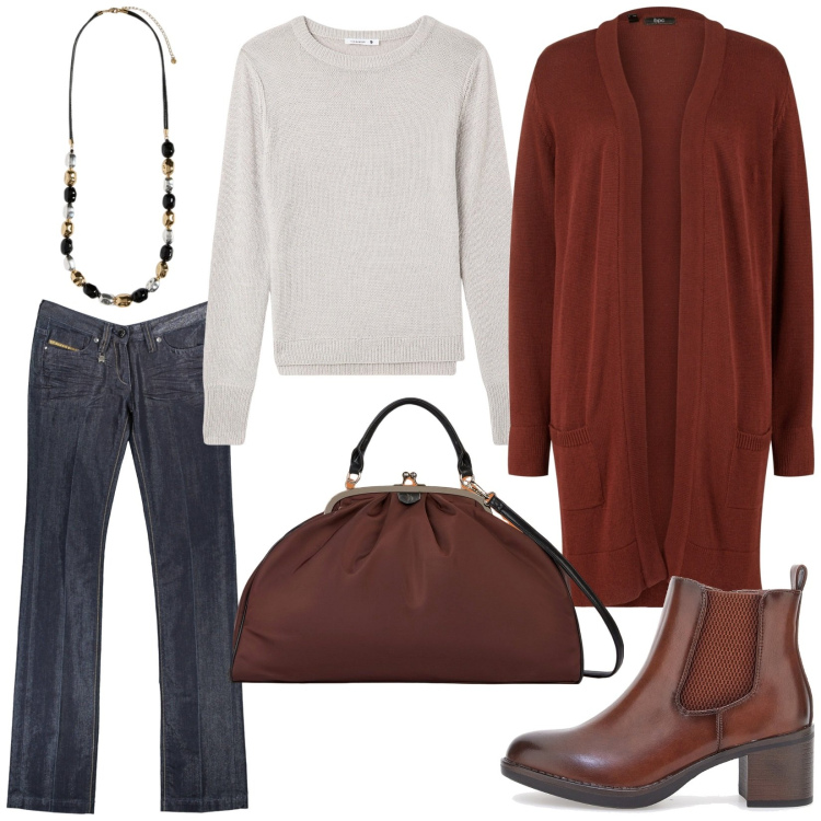 Outfit donna - Total look #1997288. Stile Casual per Tutti i giorni. Abbinamento con cardigans, maglieria, stivaletti, borse a spalla, jeans, collane.