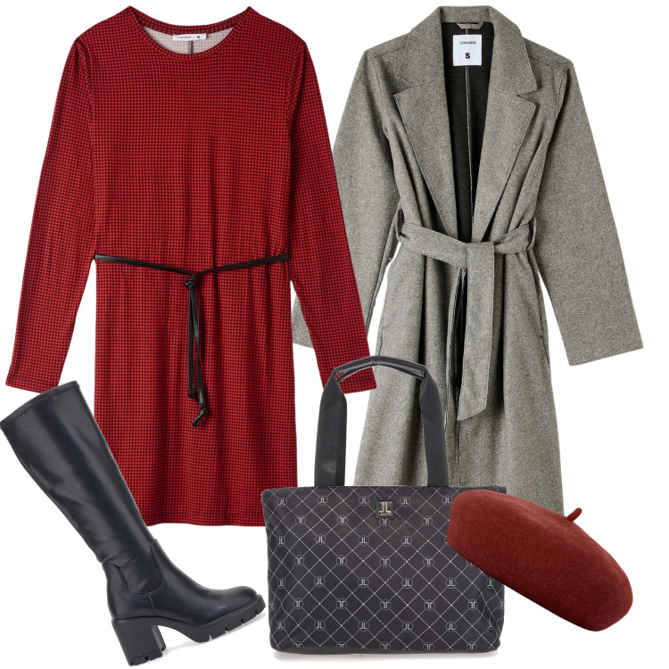 Outfit donna - Rosso Vichy. Stile Bon Ton per Ufficio. Abbinamento con cappotti, vestiti midi/longuette, cappelli e berretti, borse a spalla, stivali.