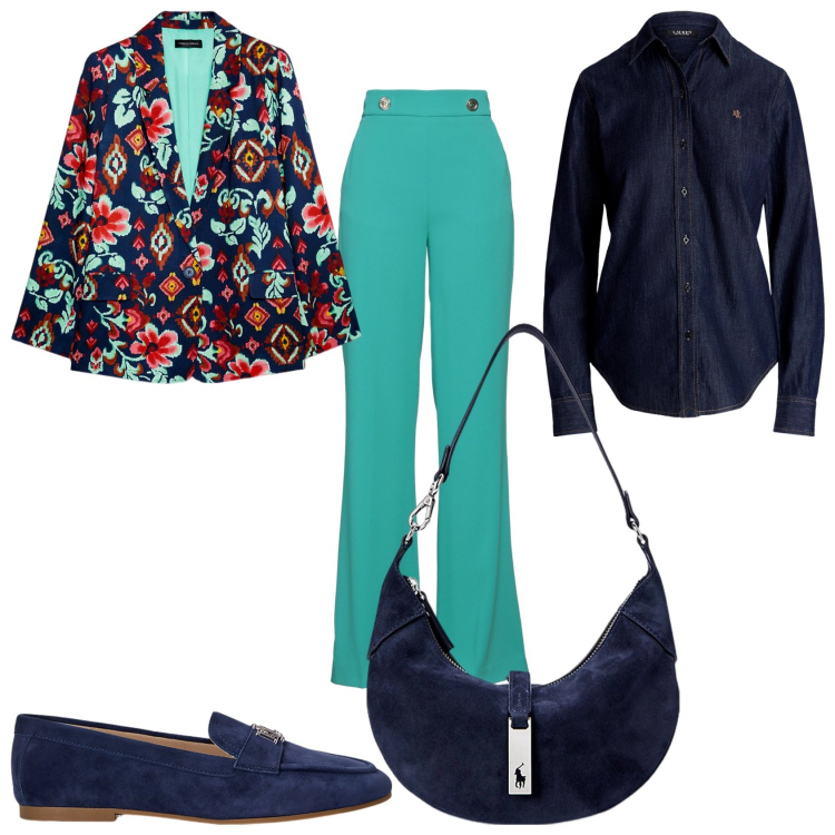 Outfit donna - I fiori colorati. Stile Glamour per Tutti i giorni. Abbinamento con pantaloni, borse a spalla, mocassini, camicie, blazer.