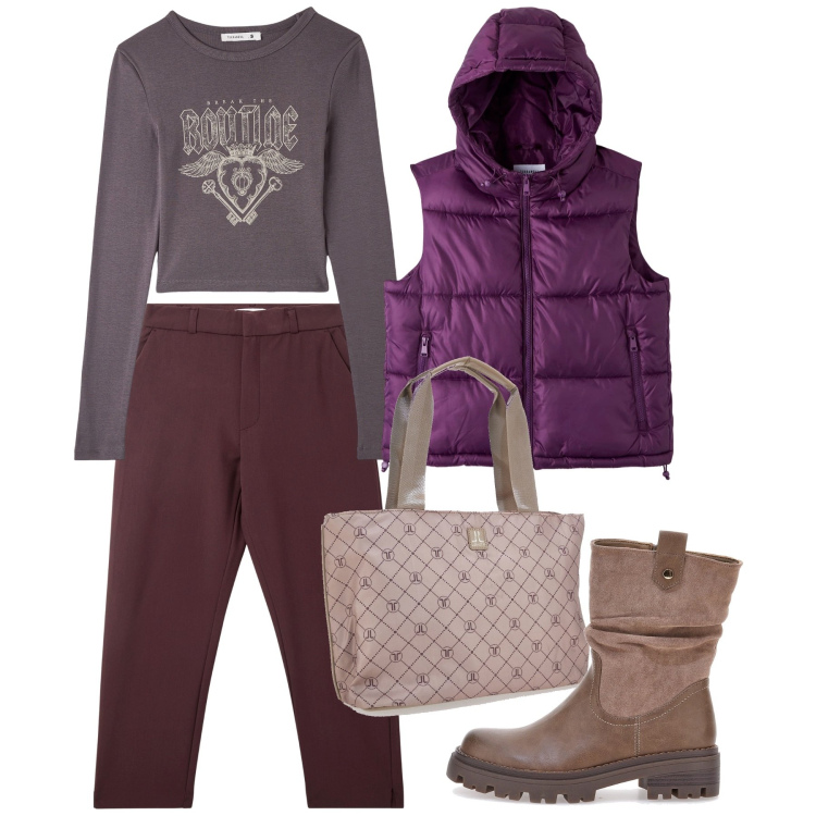 Outfit donna - Purple november. Stile Urban per Tutti i giorni. Abbinamento con t-shirt, piumini, pantaloni chino, stivaletti, borse a spalla.