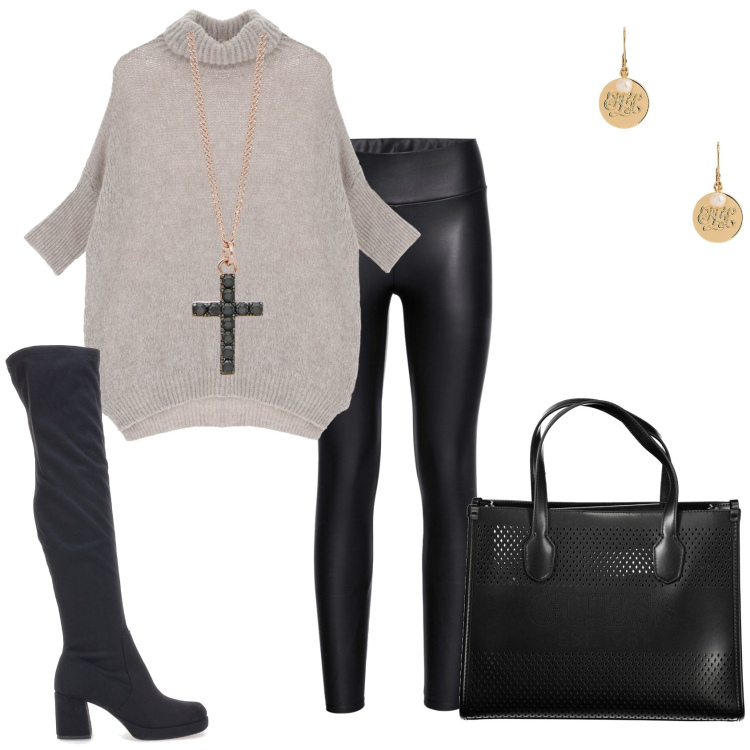 Outfit donna - Maxi maglione e leggins. Stile Trendy per Tutti i giorni. Abbinamento con leggings, collane, maglieria, orecchini, stivali, pochette.