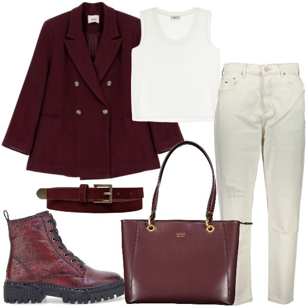 Outfit donna - Jeans e blazer: il duo perfetto. Stile Casual chic per Tutti i giorni. Abbinamento con blazer, canottiere, anfibi, cinture, borse a spalla, jeans mom.