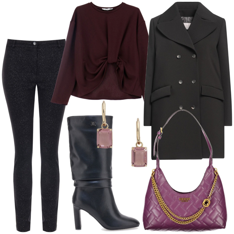 Outfit donna - Total look #1997311. Stile Glamour per Serata fuori. Abbinamento con cappotti, pantaloni skinny, maglieria, orecchini, stivali, borse a spalla.