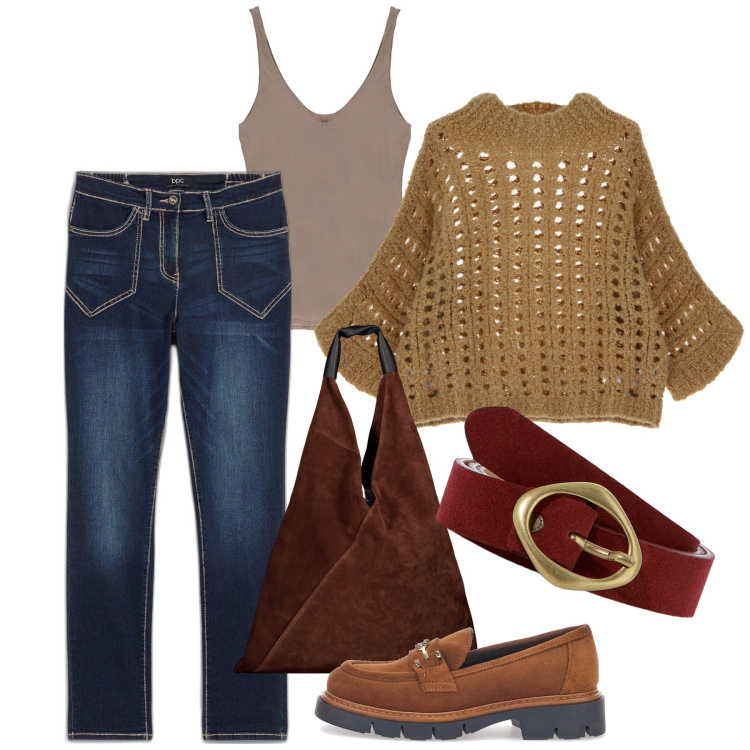 Outfit donna - Il pull knot. Stile Casual per Tutti i giorni. Abbinamento con jeans dritti, pullovers, canottiere, cinture, mocassini, borse a spalla.