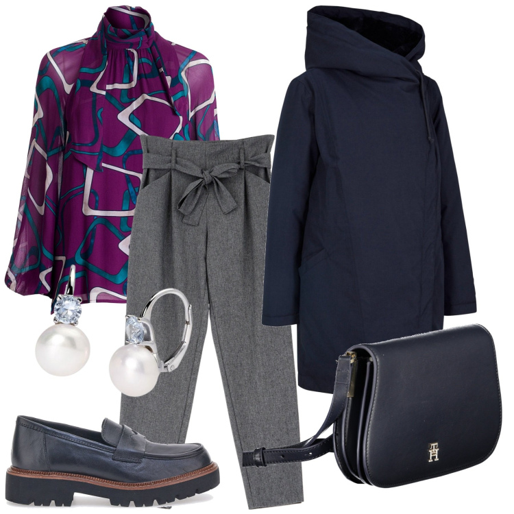 Outfit donna - Total look #1997347. Stile Basic per Tutti i giorni. Abbinamento con parka, pantaloni, orecchini, bluse, mocassini, borse a tracolla.