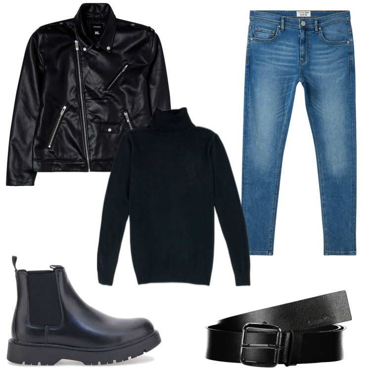 Outfit uomo - Dettagli in ecopelle. Stile Biker Rock per Tutti i giorni. Abbinamento con jeans slim fit, giacche, pullovers, stivali e stivaletti, cinture.