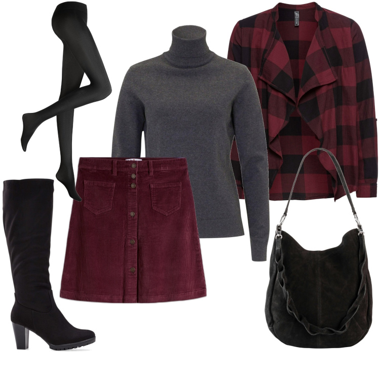 Outfit donna - Sfumature invernali. Stile Preppy per Tutti i giorni. Abbinamento con stivali, collant, bomber, gonne, maglieria, borse a mano.