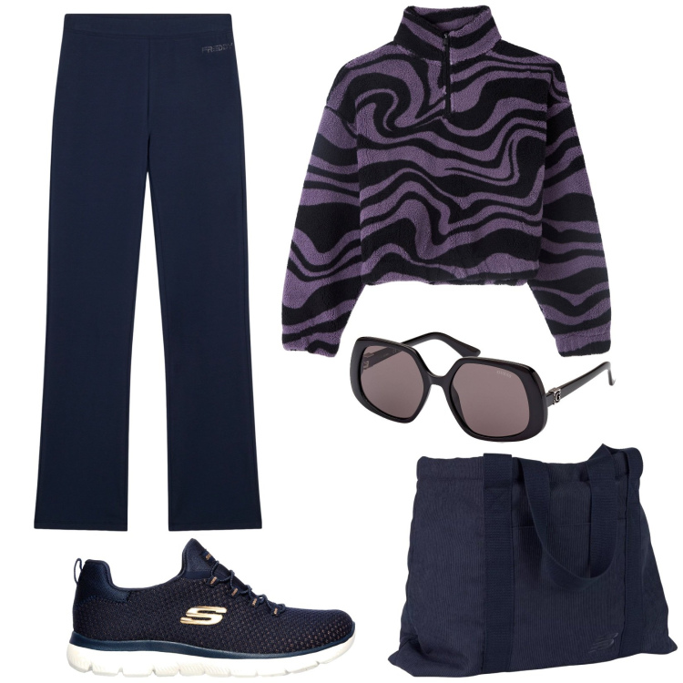 Outfit donna - I pantaloni per l\'autunno. Stile Basic per Tutti i giorni. Abbinamento con felpe, borse tote, pantaloni, sneakers, occhiali da sole.