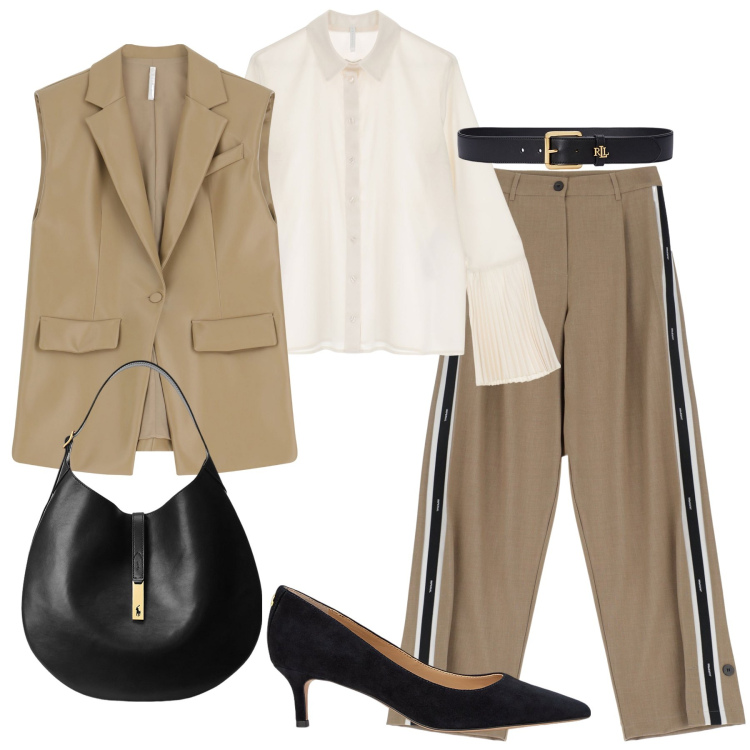 Outfit donna - Nero e beige. Stile Casual per Ufficio. Abbinamento con gilet, camicie, pantaloni, borse a spalla, décolleté, cinture.