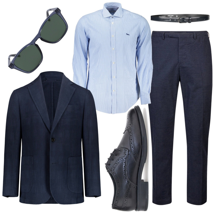 Outfit uomo - Completo blu. Stile Business/Elegante per Serata speciale. Abbinamento con cinture, giacche, scarpe stringate, pantaloni, camicie, occhiali da sole.