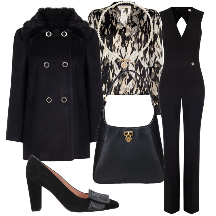 Outfit donna - Total black. Stile Casual chic per Ufficio. Abbinamento con décolleté, cappotti, tute, bluse, borse a spalla, ciondoli.