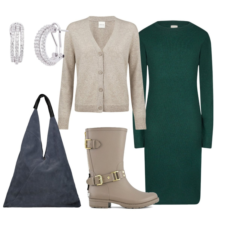 Outfit donna - Grigio chic Doppelganger. Stile Minimal per Tutti i giorni. Abbinamento con orecchini, cardigans, vestiti midi/longuette, stivali, borse a spalla.