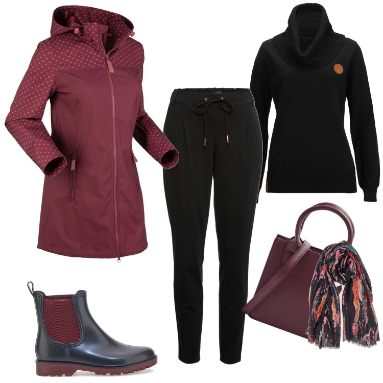 Outfit donna - Impermeabile e stivaletti per la pioggia. Stile Basic per Tutti i giorni. Abbinamento con pantaloni, blazer, maglieria, shopping bag, stivaletti chelsea, foulard.