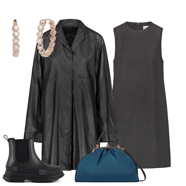 Outfit donna - Grigio chic Doppelganger. Stile Bon Ton per Ufficio. Abbinamento con orecchini, stivali, vestiti a tubino, trench, borse a spalla.