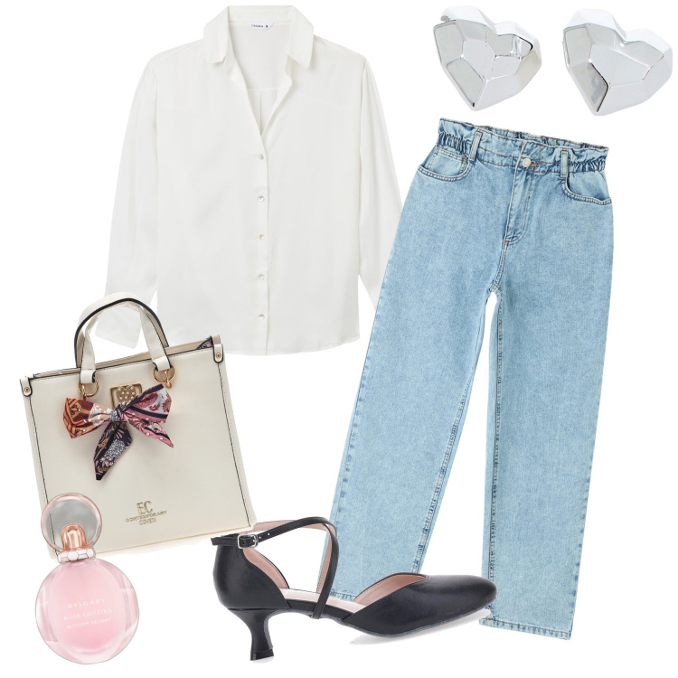 Outfit donna - Basta un look basic ed il profumo. Stile Chic per Tutti i giorni. Abbinamento con profumi, jeans, camicie, orecchini, décolleté, borse a mano.