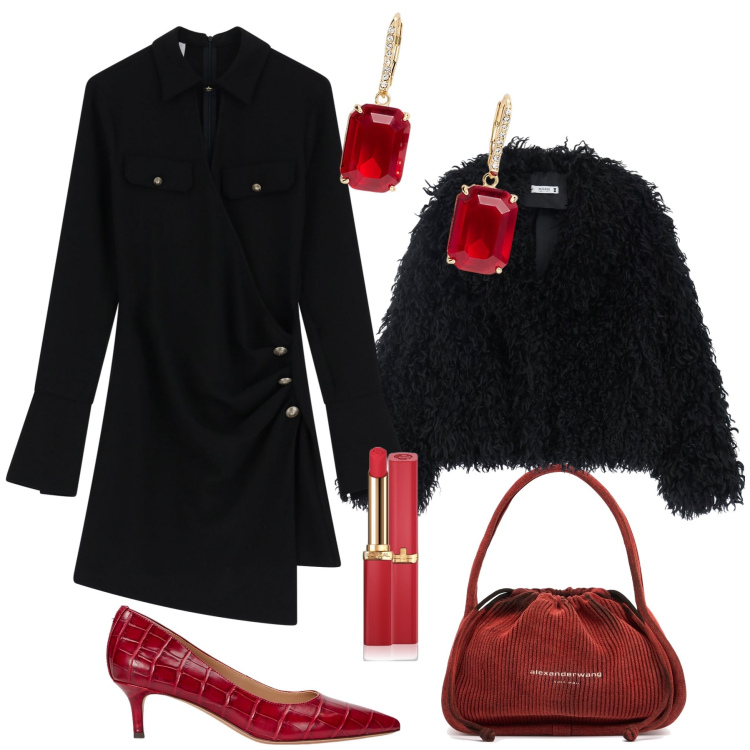 Outfit donna - Aperitivo in centro città. Stile Glamour per Serata fuori. Abbinamento con rossetti, blazer, vestiti asimmetrici, décolleté, orecchini, borse a mano.