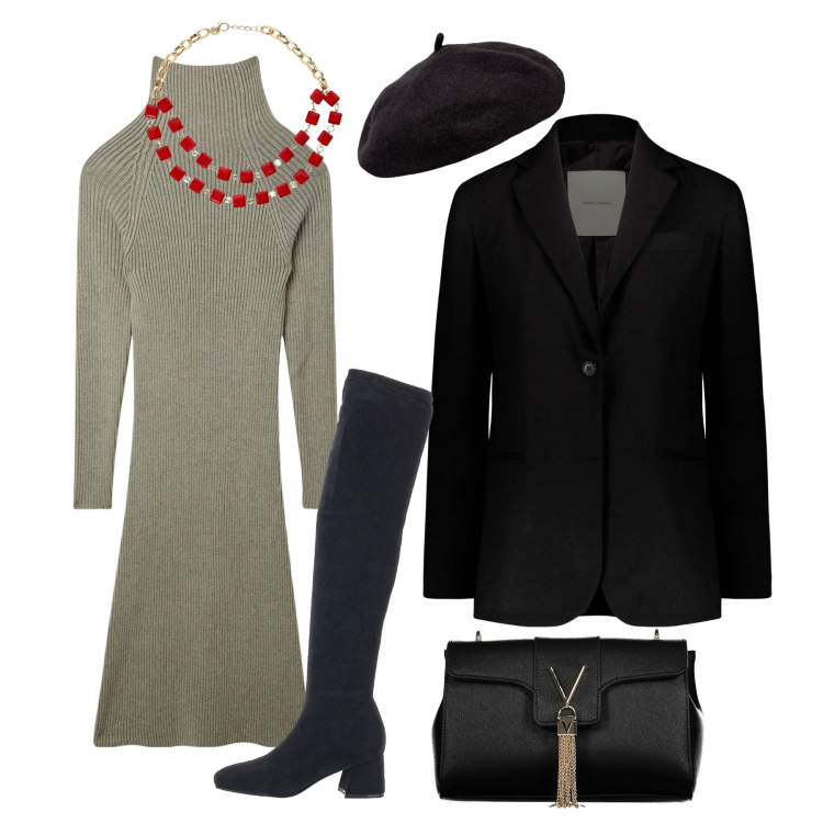 Outfit donna - oui c\'est moi. Stile Romantica per Tutti i giorni. Abbinamento con vestiti midi/longuette, collane, cappelli e berretti, blazer, borse a tracolla, stivali sopra il ginocchio.