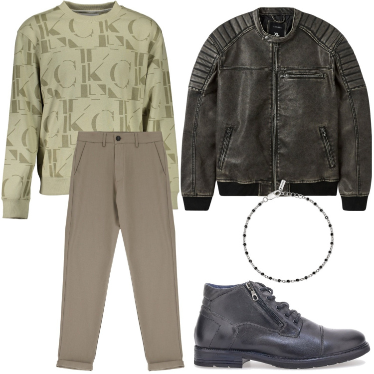 Outfit uomo - Il biker da motociclista. Stile Urban per Tutti i giorni. Abbinamento con giacche, braccialetti, pantaloni, stivali e stivaletti, felpe.