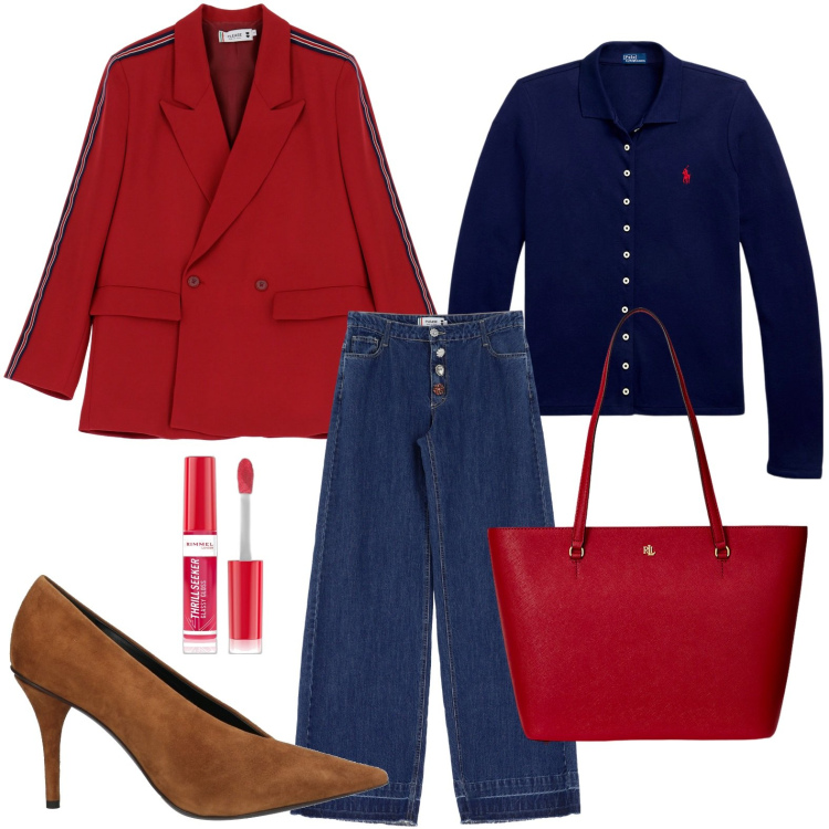 Outfit donna - La giacca doppiopetto. Stile Casual per Ufficio. Abbinamento con décolleté, gloss, jeans, blazer, borse tote, polo.