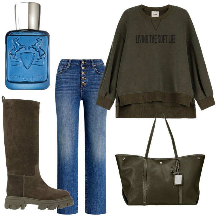 Outfit donna - Sfumature di bosco. Stile Casual per Tutti i giorni. Abbinamento con stivali, profumi, borse tote, jeans dritti, felpe.