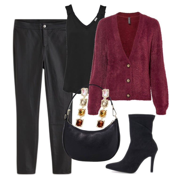 Outfit donna - Un caffè con le amiche. Stile Trendy per Tutti i giorni. Abbinamento con cardigans, top, pantaloni, orecchini, borse a spalla, stivaletti.