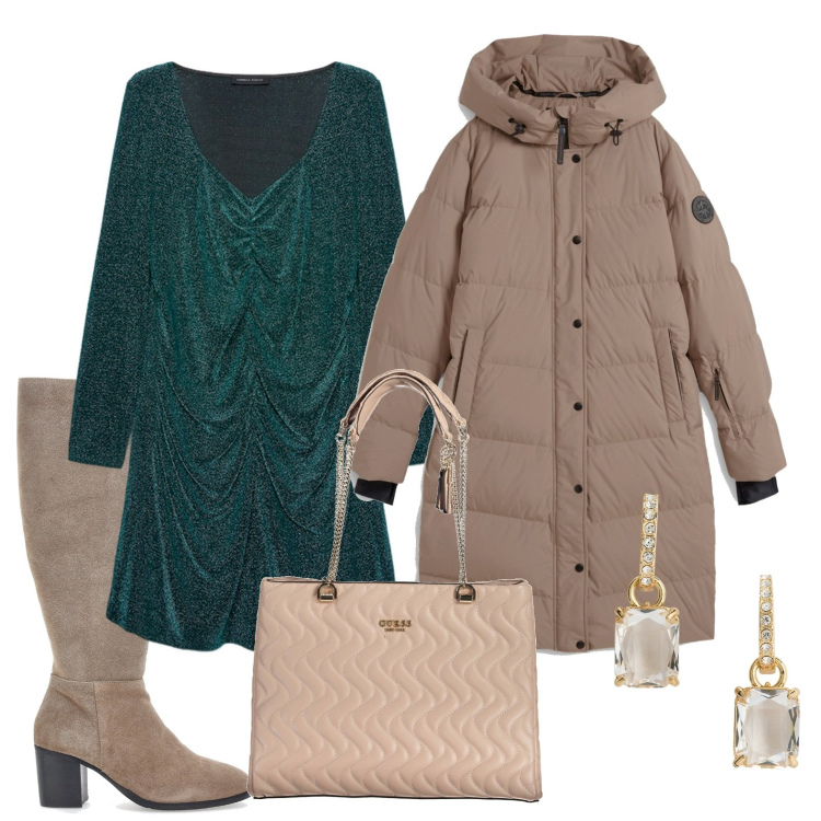 Outfit donna - Il minidress in jersey. Stile Chic per Tutti i giorni. Abbinamento con piumini, orecchini, stivali, borse a spalla, vestiti corti.