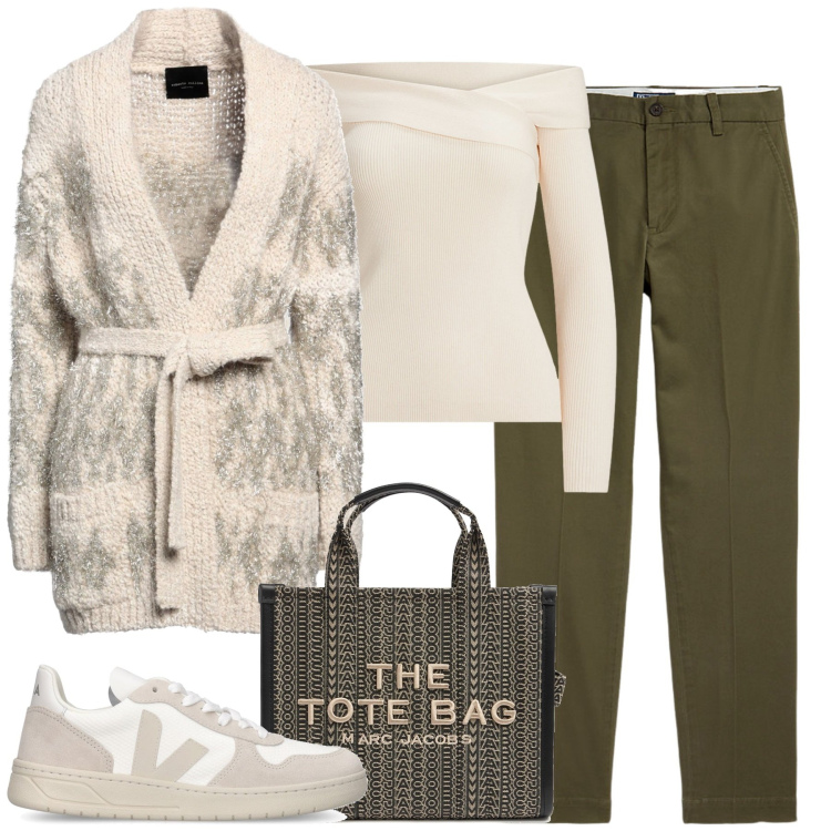 Outfit donna - City. Stile Casual chic per Tutti i giorni. Abbinamento con cardigans, pantaloni chino, maglieria, shopping bag, sneakers.