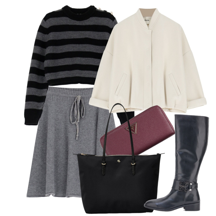 Outfit donna - Gonna in maglina. Stile Bon Ton per Tutti i giorni. Abbinamento con maglieria, minigonne, bomber, borse tote, stivali, portafogli.