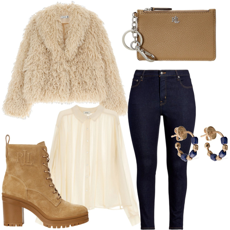 Outfit donna - Passione per l\'ecopelliccia. Stile Chic per Ufficio. Abbinamento con camicie, blazer, jeans skinny, portafogli, stivaletti, orecchini.