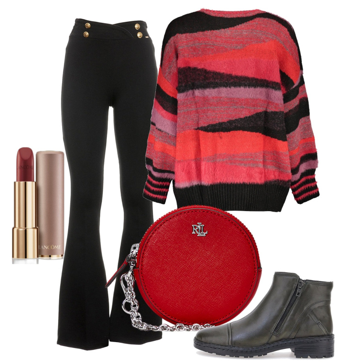 Outfit donna - Rouge après-midi. Stile Bon Ton per Tutti i giorni. Abbinamento con rossetti, pantaloni, pochette, stivaletti, maglieria.