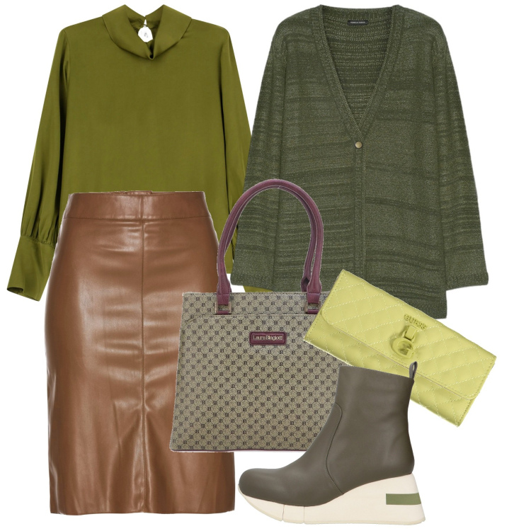 Outfit donna - Pistacchio a novembre. Stile Bon Ton per Ufficio. Abbinamento con gonne longuette, stivaletti, camicie, portafogli, cardigans, borse a spalla.