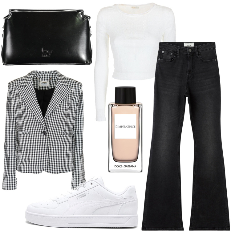 Outfit donna - Tiepida giornata autunnale in Sicilia. Stile Casual chic per Tutti i giorni. Abbinamento con profumi, jeans a zampa, blazer, top, sneakers, borse a tracolla.