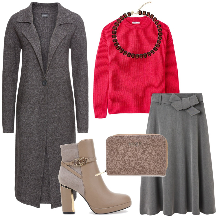 Outfit donna - Il cappotto grigio asfalto. Stile Bon Ton per Ufficio. Abbinamento con cappotti, gonne lunghe, maglieria, collane, portafogli, stivaletti.