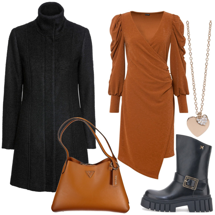 Outfit donna - Abito color cioccolato. Stile Chic per Ufficio. Abbinamento con vestiti, cappotti, ciondoli, stivaletti, borse a spalla.
