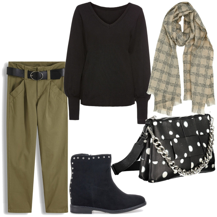 Outfit donna - Total look #1997466. Stile Rock per Tutti i giorni. Abbinamento con maglieria, pantaloni, sciarpe, borse a spalla, stivaletti.