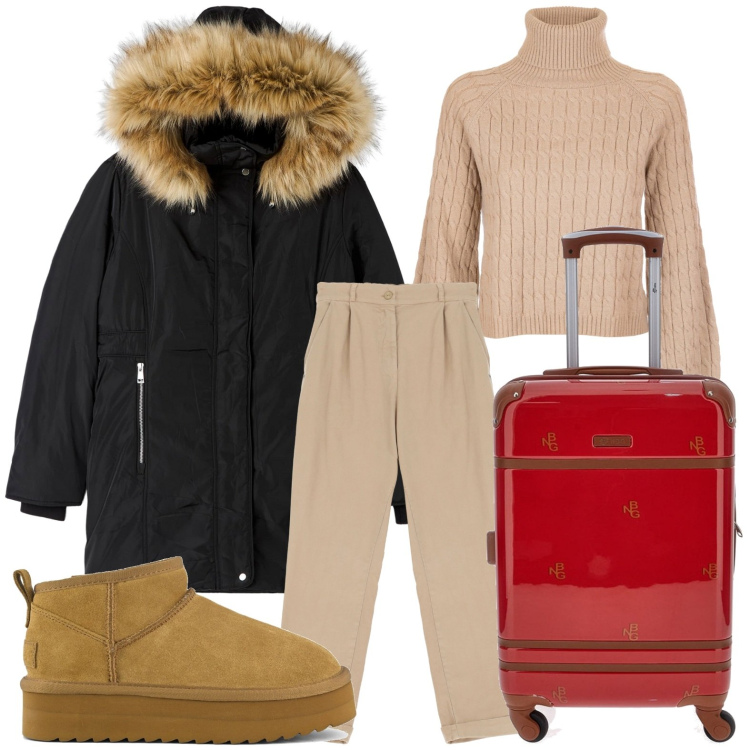 Outfit donna - La valigia spaziosa. Stile Bon Ton per Tutti i giorni. Abbinamento con parka, maglieria, pantaloni chino, stivaletti, valigie.