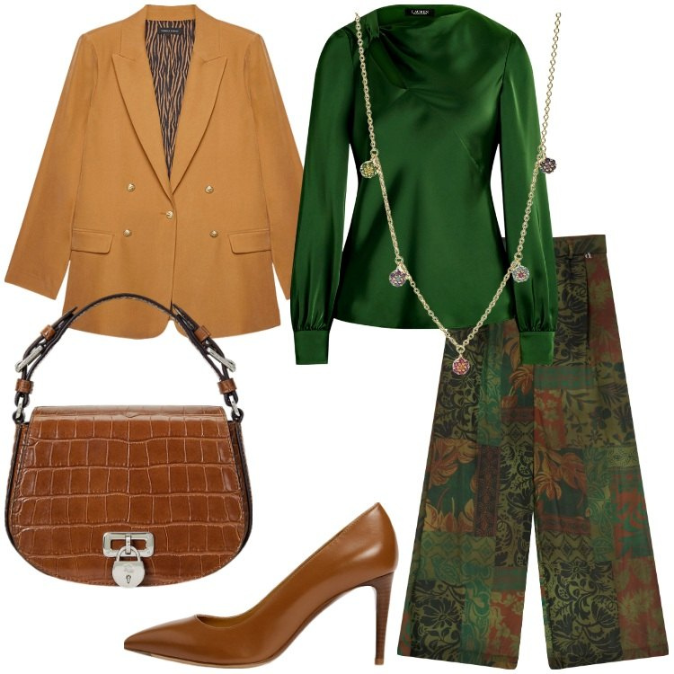 Outfit donna - Autumn vibes. Stile Chic per Serata fuori. Abbinamento con ciondoli, pantaloni a palazzo, décolleté, borse a tracolla, camicie, blazer.