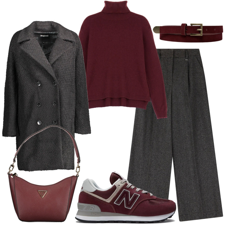 Outfit donna - Grigio e Borgogna. Stile Casual chic per Tutti i giorni. Abbinamento con pantaloni a palazzo, sneakers, maglieria, cinture, cappotti, borse a spalla.
