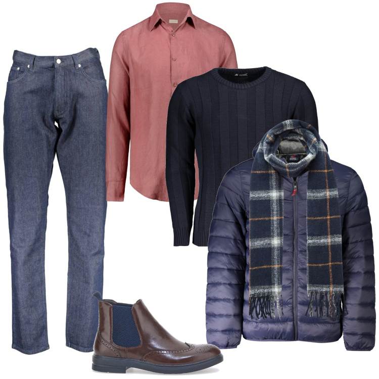 Outfit uomo - Total look #1997475. Stile Casual per Ufficio. Abbinamento con sciarpe, camicie, stivali e stivaletti, jeans, maglieria, giacche.