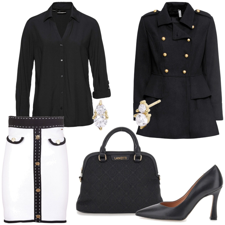 Outfit donna - Total look #1997481. Stile Vintage retrò per Ufficio. Abbinamento con camicie, cappotti, orecchini, gonne, borse a spalla, décolleté.