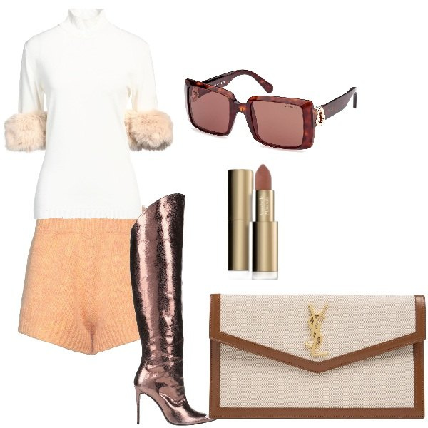Outfit donna - ispirazione Jennifer Lopez. Stile Trendy per Tutti i giorni. Abbinamento con stivali, shorts, maglieria, rossetti, pochette, occhiali da sole.