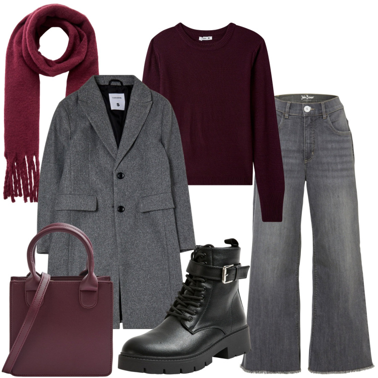 Outfit donna - Autunno. Stile Casual chic per Tutti i giorni. Abbinamento con jeans, maglieria, shopping bag, sciarpe, cappotti, anfibi.