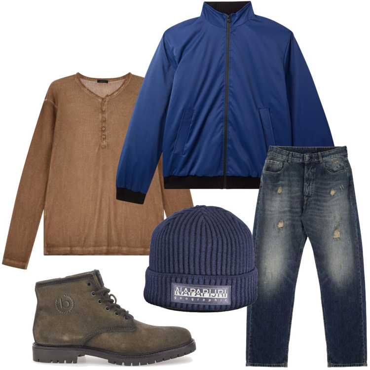Outfit uomo - Mood autunnale. Stile Trendy per Tutti i giorni. Abbinamento con giacche, jeans strappati, t-shirt, stivali e stivaletti, berretti.