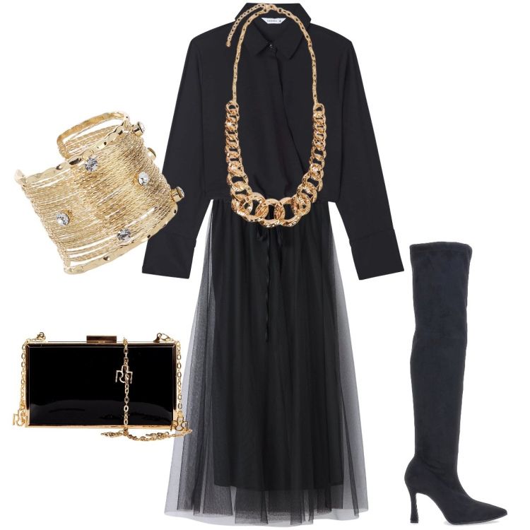 Outfit donna - Oro anni ‘80. Stile Vintage retrò per Serata fuori. Abbinamento con braccialetti, gonne lunghe, bluse, pochette, stivali, collane.